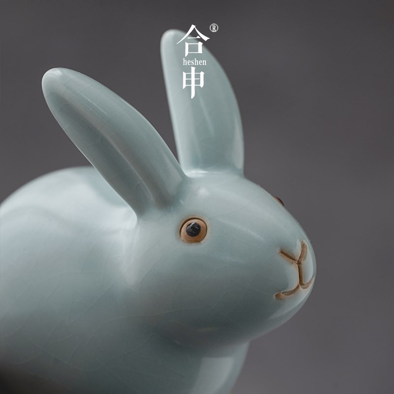 恒缘汝窑茶宠摆件兔子兔年礼物汝瓷开片可养茶桌茶台茶具配件精品