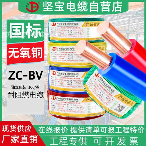 坚宝电线国标阻燃BV单股纯铜 2.5 4 平方铜芯家装家用单芯南网
