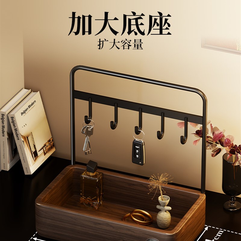 实木入户玄关收纳盒门口钥匙首饰摆件带托盘置物架轻奢复古装饰架