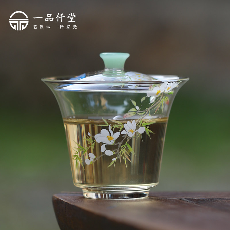 一品仟堂玻璃盖碗茶杯单个高档创意中式透明防烫手工功夫茶具盖碗