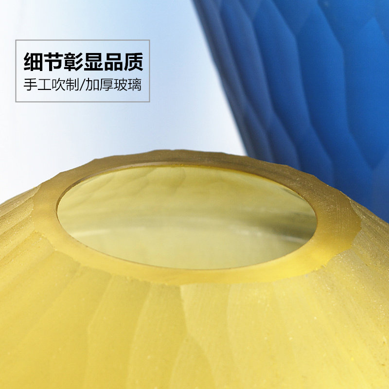 高档玻璃花瓶刻磨艺术摆件蓝色大号玄关样板房装饰软装琉璃花器