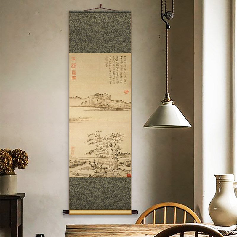 倪瓒秋亭嘉树图卷轴挂画中式书房茶室复古装饰画客厅玄关山水国画