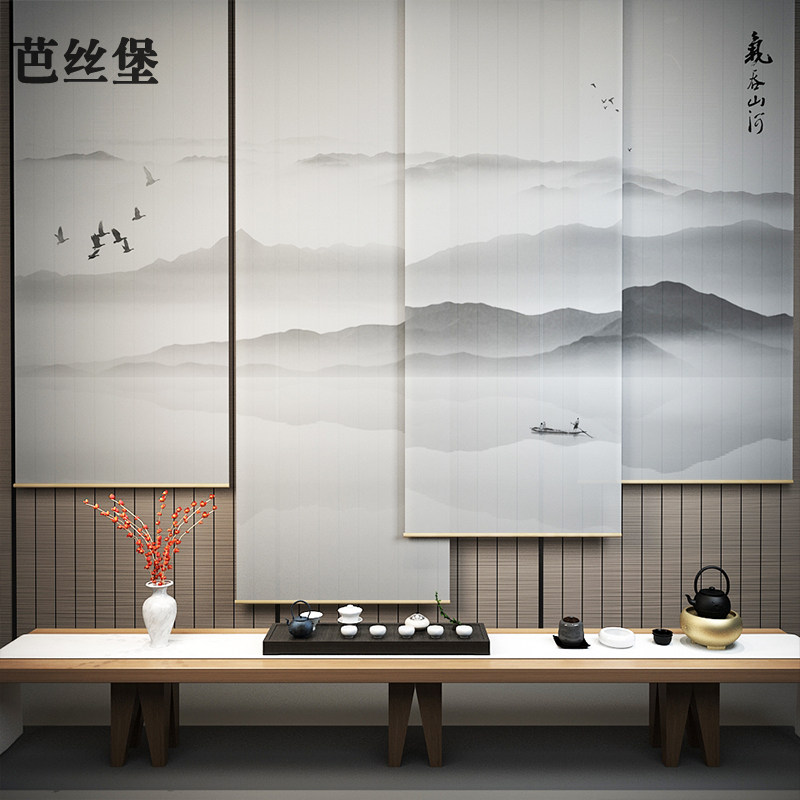 新中式窗帘窗户卷帘悬挂式房间软屏风隔离拉帘挂画半遮光遮阳电动