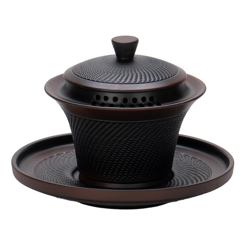 紫陶跳刀三才盖碗高档功夫茶具陶瓷大号泡茶茶碗茶壶家用茶杯套装