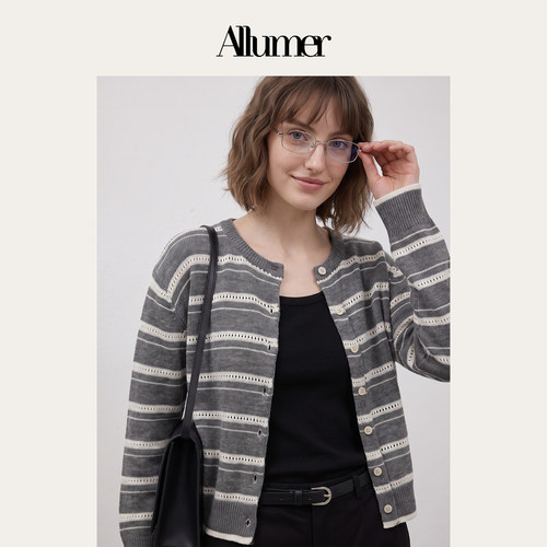 ALLUMER秋季韩系宽松温柔风修身显瘦条纹简约长袖针织衫女-22151