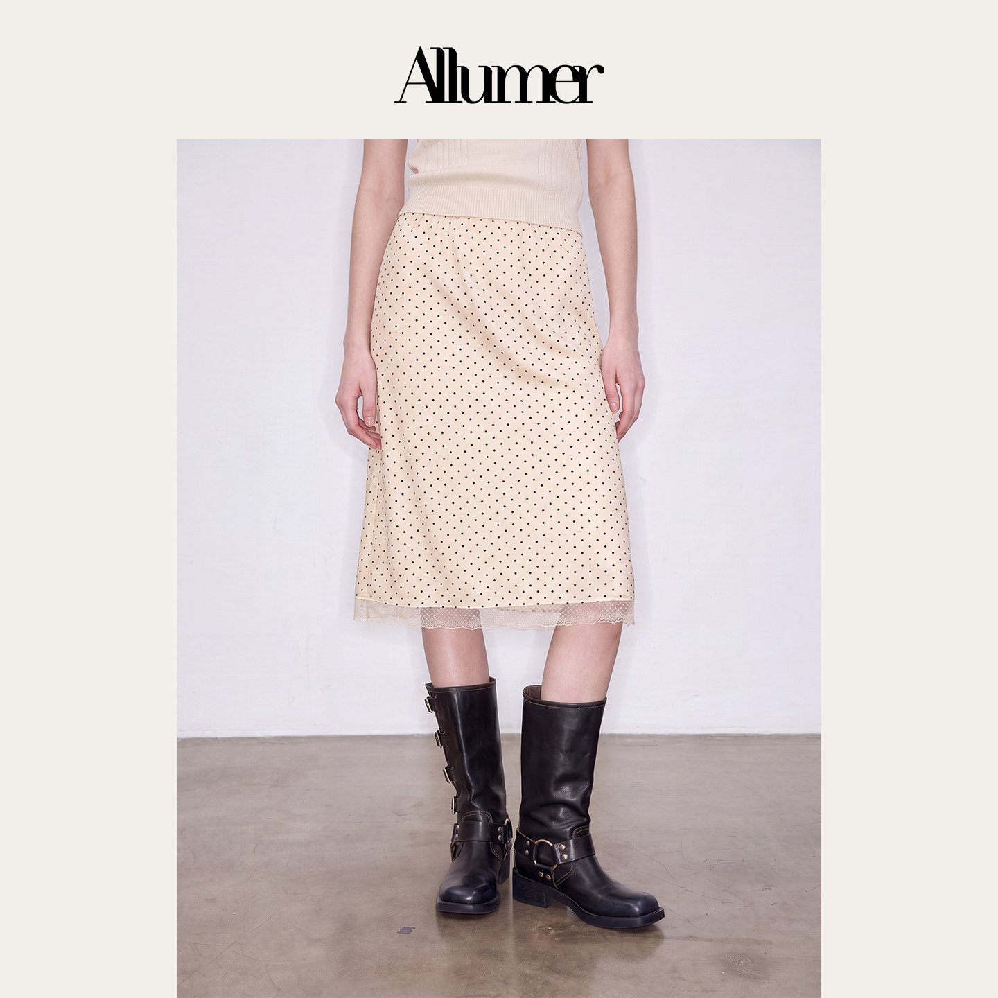 ALLUMER秋季高腰松弛感垂顺蕾丝下摆圆点遮胯显瘦半身裙女-81771