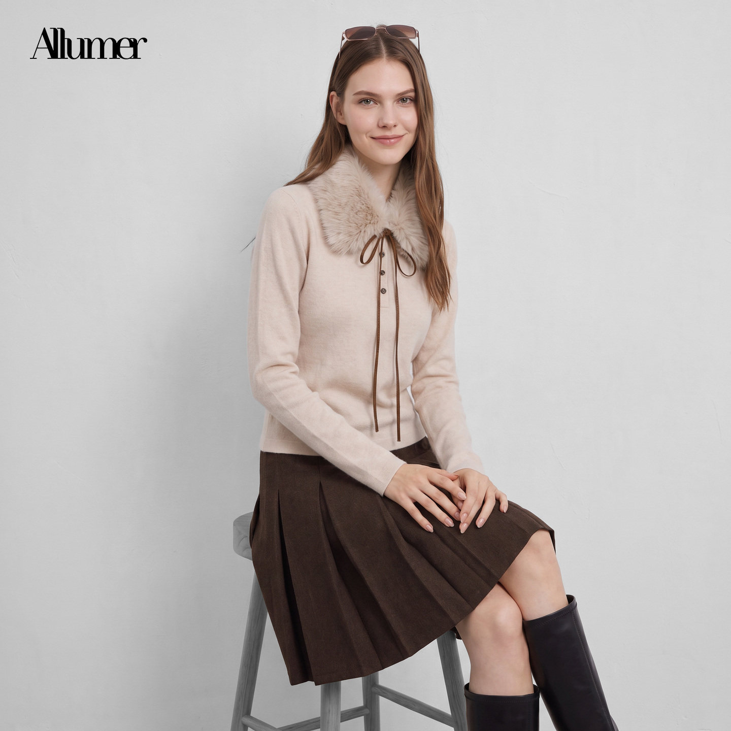 ALLUMER秋季系带毛领蝴蝶结针织衫女学院风减龄休闲上衣-83171