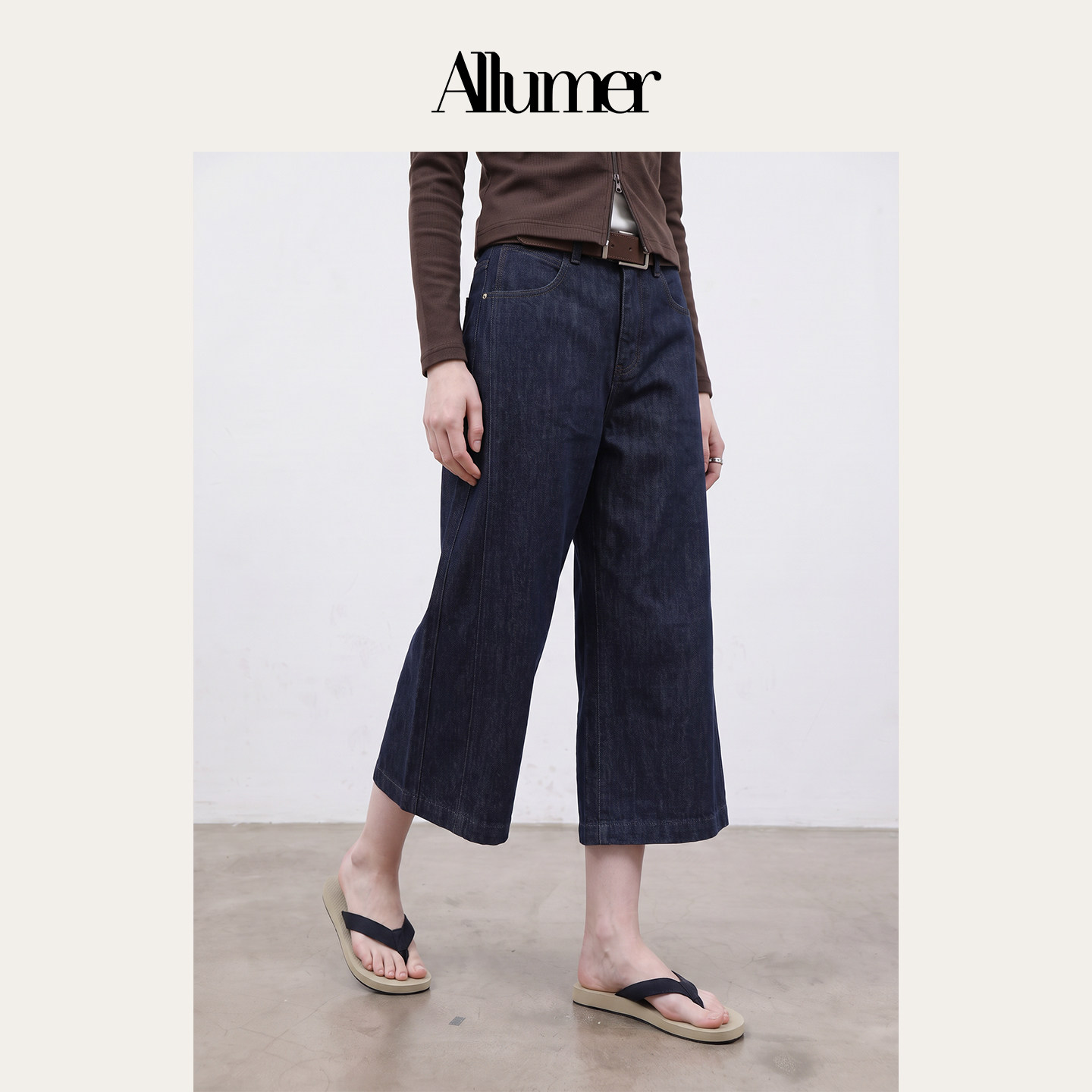 ALLUMER秋季复古港风阔腿牛仔裤高腰显瘦设计感七分裤女-22206