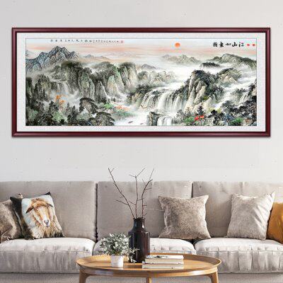 江山如画国画客厅挂画沙发背景墙山水画装饰画办公室背有靠山壁画
