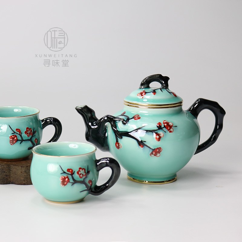 描金青瓷梅花浮雕茶壶 唐月窑中式功夫茶具 德化手工陶瓷泡茶壶