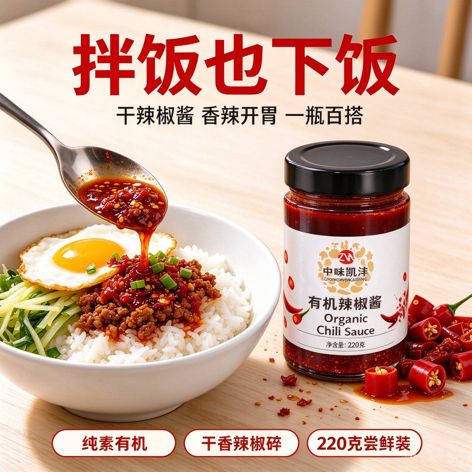 中味凯沣有机辣椒酱 香辣酱蒜蓉下饭菜凉拌饭菜面韩式红油泼辣子