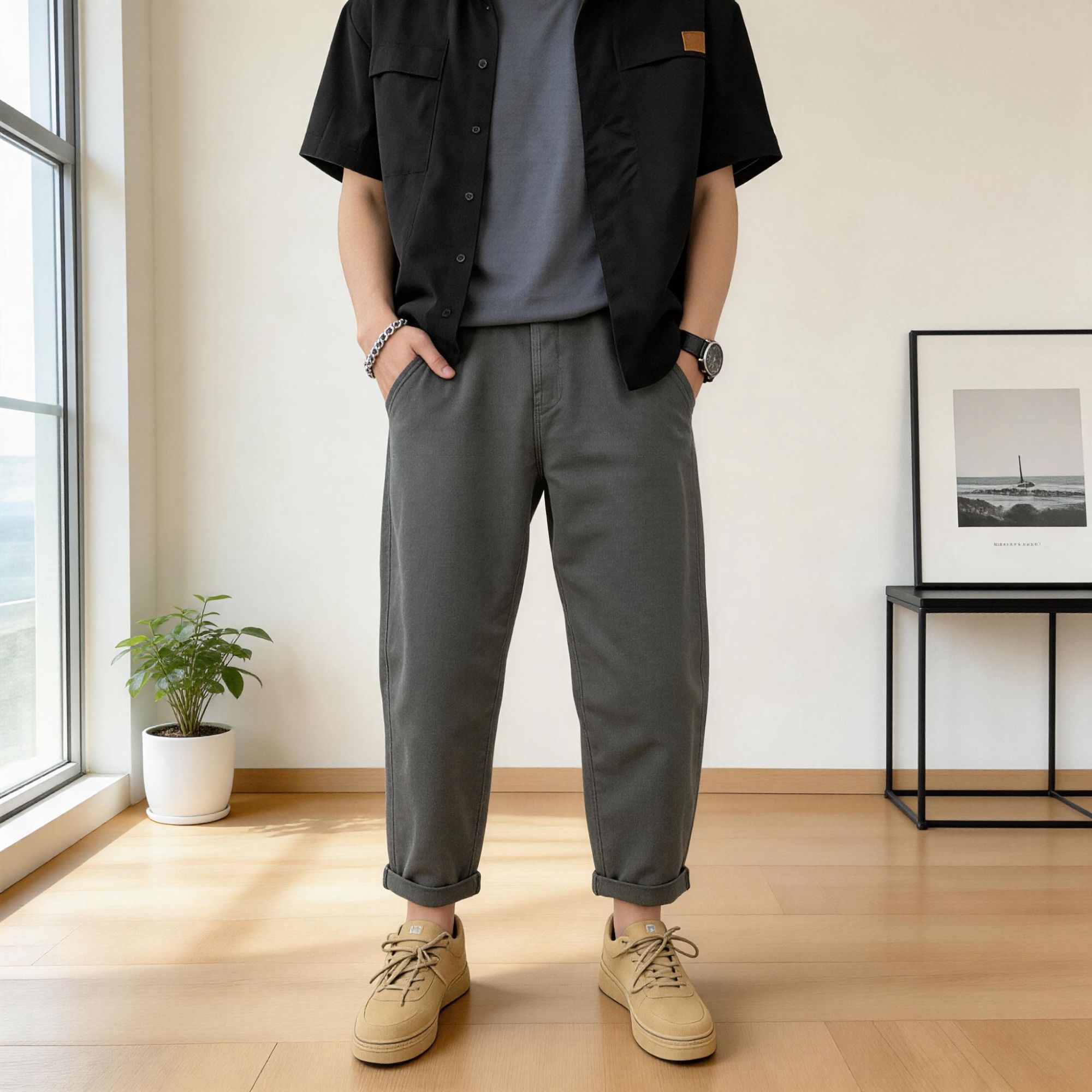 男款高级感夏季爆款宽松男裤工装百搭直筒裤纯棉新款薄款九分裤男