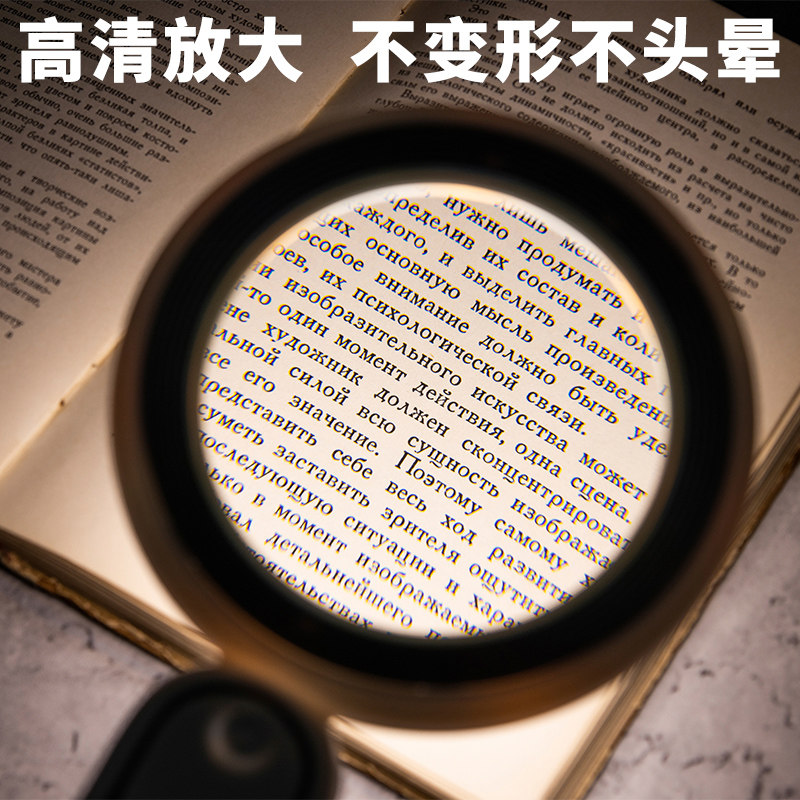圣德名图放大镜高清高倍老人阅读手持扩大镜带LED灯老年用看书用