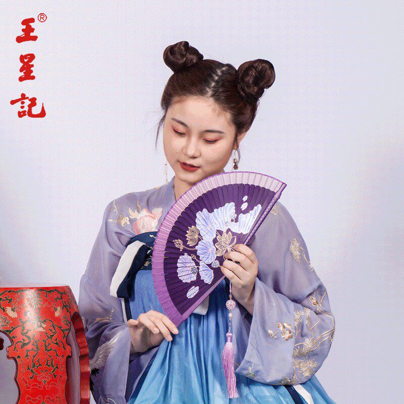 王星记折扇静莲系列 中国风绫绢扇子 古风舞蹈用扇子 杭州手工折
