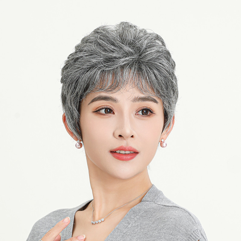 假发女短发花白奶奶中老年假发套表演道具老太太卷发老人全头白发