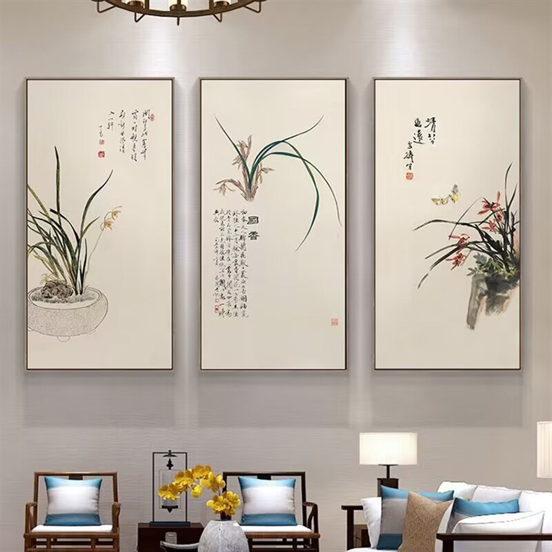 新中式客厅沙发装饰画梅兰竹菊挂画中国风书房茶室办公室壁画有框
