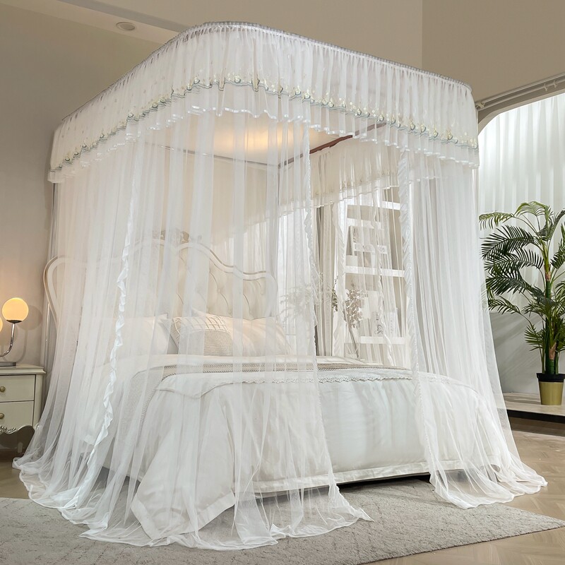 新款U型导轨式蚊帐三开门宫廷落地轨道蚊帐卧室家用白色公主风