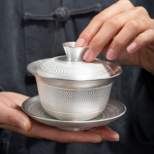 茶具礼品茶具泡茶碗三才盖碗泡茶杯真银包银茶器紫陶防烫家用盖杯