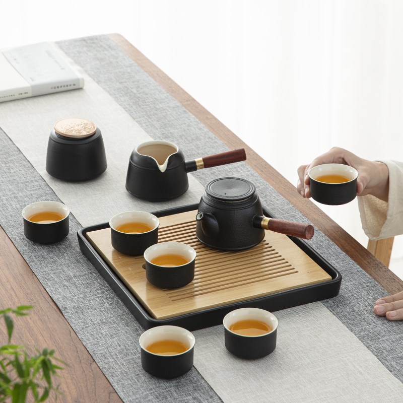 黑陶侧把功夫茶具套装家用客厅陶瓷轻奢日式简约干泡茶盘小套礼盒