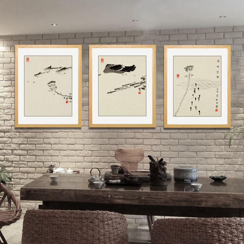 手绘国画花鸟画装饰画有带框新中式字画客厅餐厅花卉三联挂画包邮