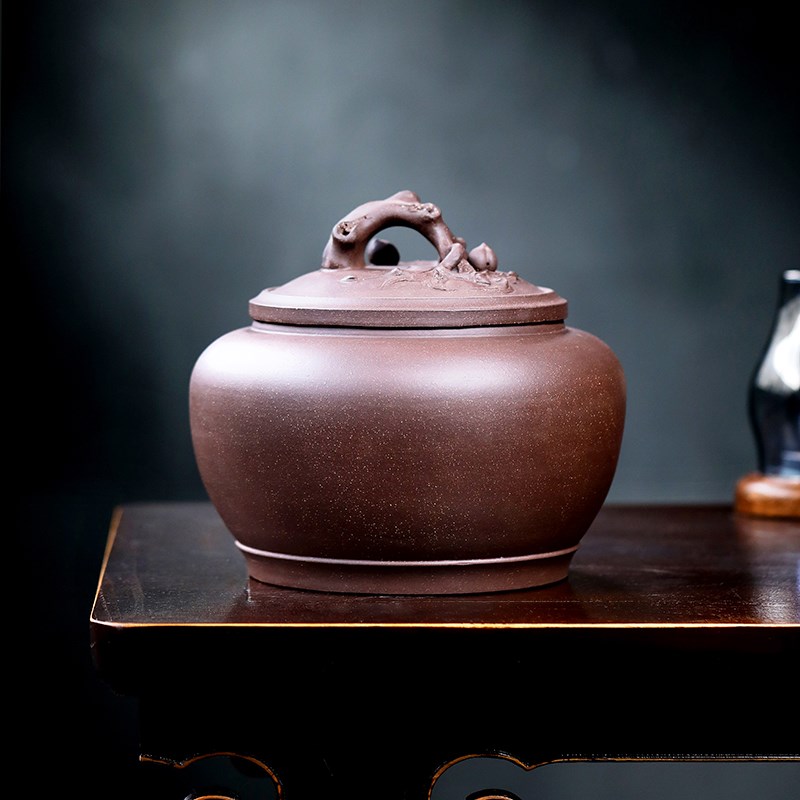 精品 紫砂茶叶罐大号家用二斤装防潮密封储存罐纯手工醒茶 桃桩罐