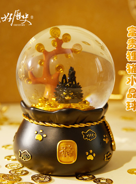 国家宝藏你好历史富贵狸猫水晶球卧室小夜灯黑猫桌面摆件生日礼物