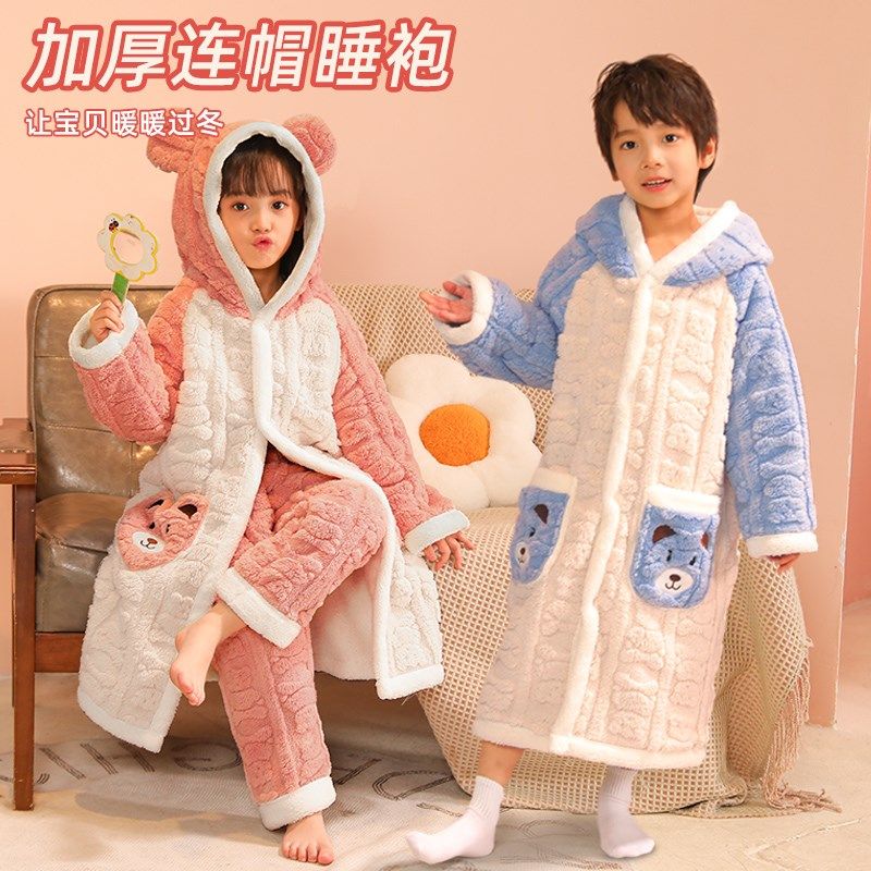 冬季加厚儿童睡袍法兰绒双层宝宝睡衣男孩小女孩浴袍亲子家居服