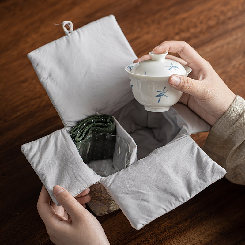 旅行茶具户外便捷式喝茶女士茶具手绘兰花盖碗茶杯套装防烫手茶碗