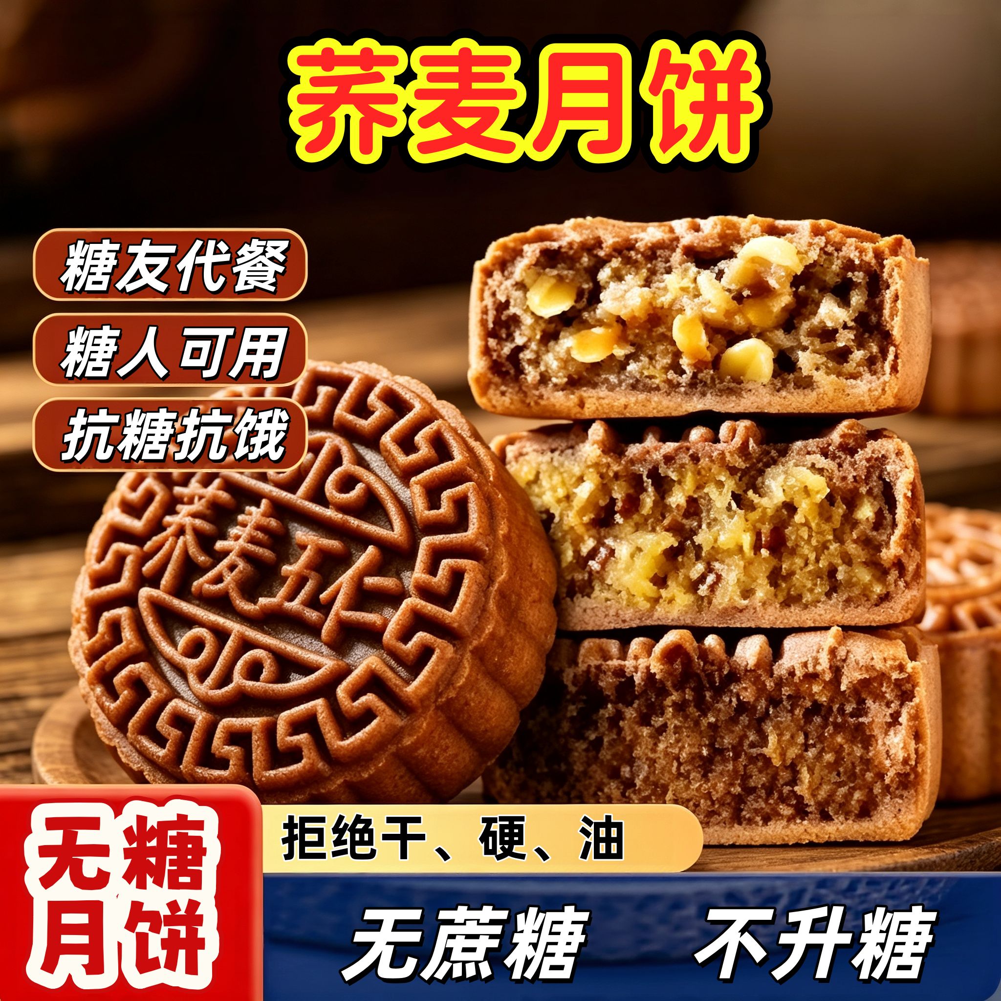 荞麦月饼糖尿病人专用食品旗舰店黑芝麻降糖第一名五仁控血糖无糖精三高血糖人零食糖友孕妇控糖无蔗糖代餐正宗手工糕点中老年