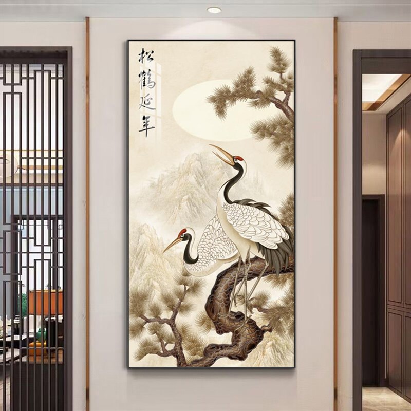 仙鹤图装饰画中式挂画仙鹤画鹤寿图字画玄关画走廊竖款松鹤延年
