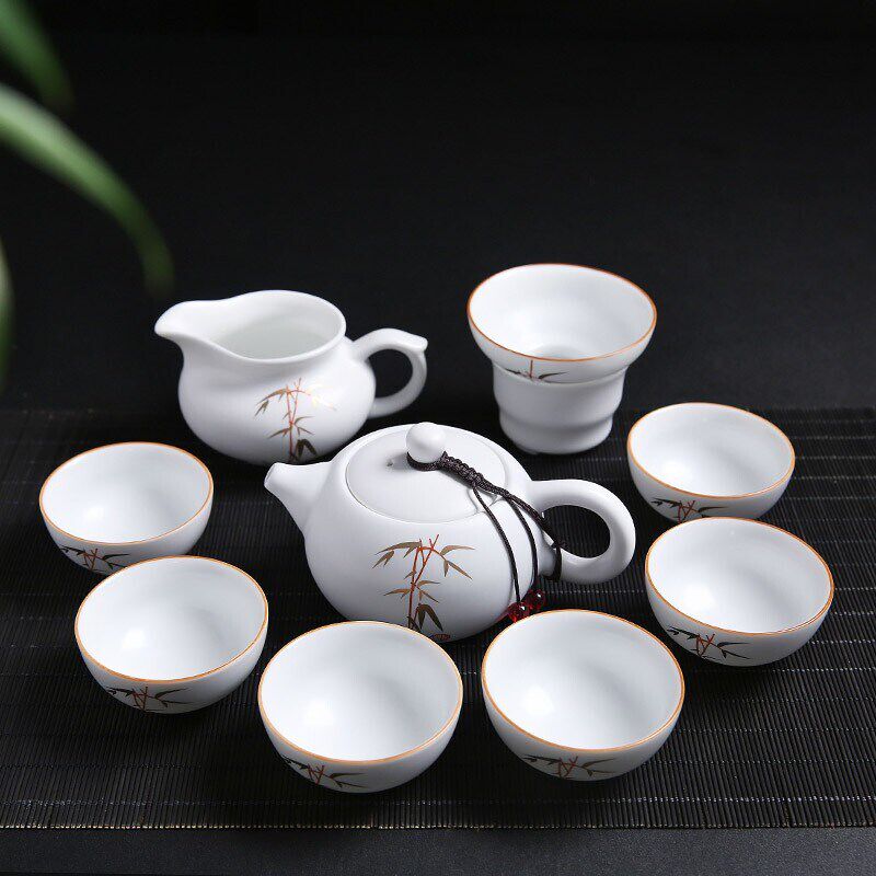 金镶玉羊脂玉瓷功夫茶具套装2025新款家用泡茶办公室白瓷描金盖碗