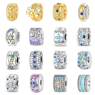 潘家手链定位扣新款金色锆石固定夹DIY银饰配件精致蛇骨链定位珠