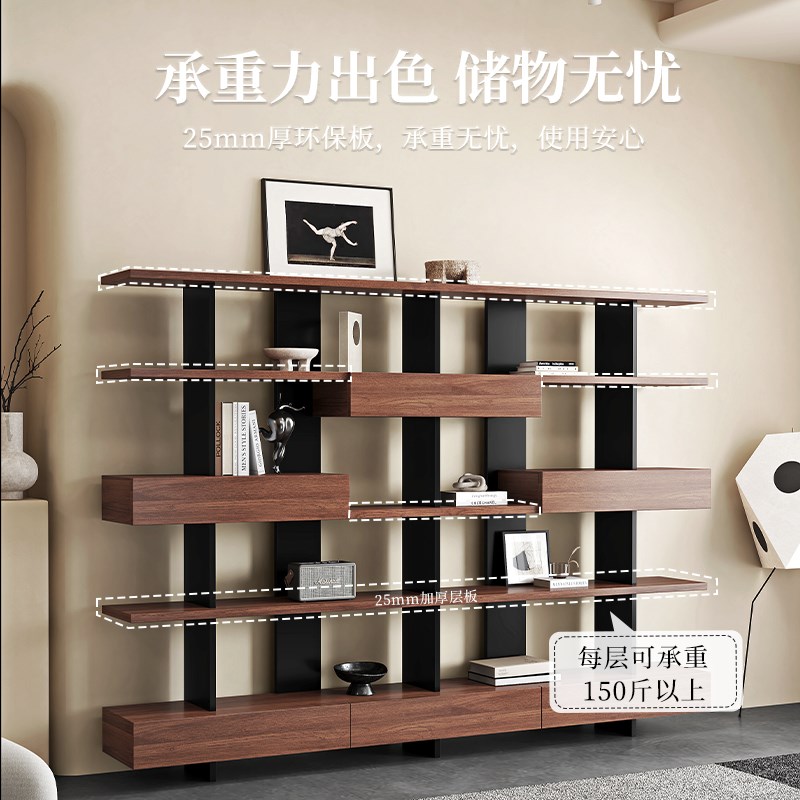 中古客厅书架书柜靠墙展示架复古高级胡桃简约客厅置物架一体落地