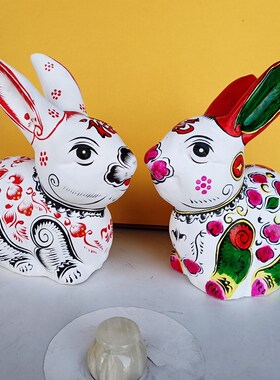 中国风非遗纯手工陕西凤翔泥塑兔子摆件新年礼物文创礼品生肖兔新