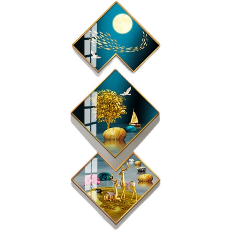 轻奢晶瓷画尽头竖版入户画装饰画玄关菱形楼梯竖挂画三幅走廊定做
