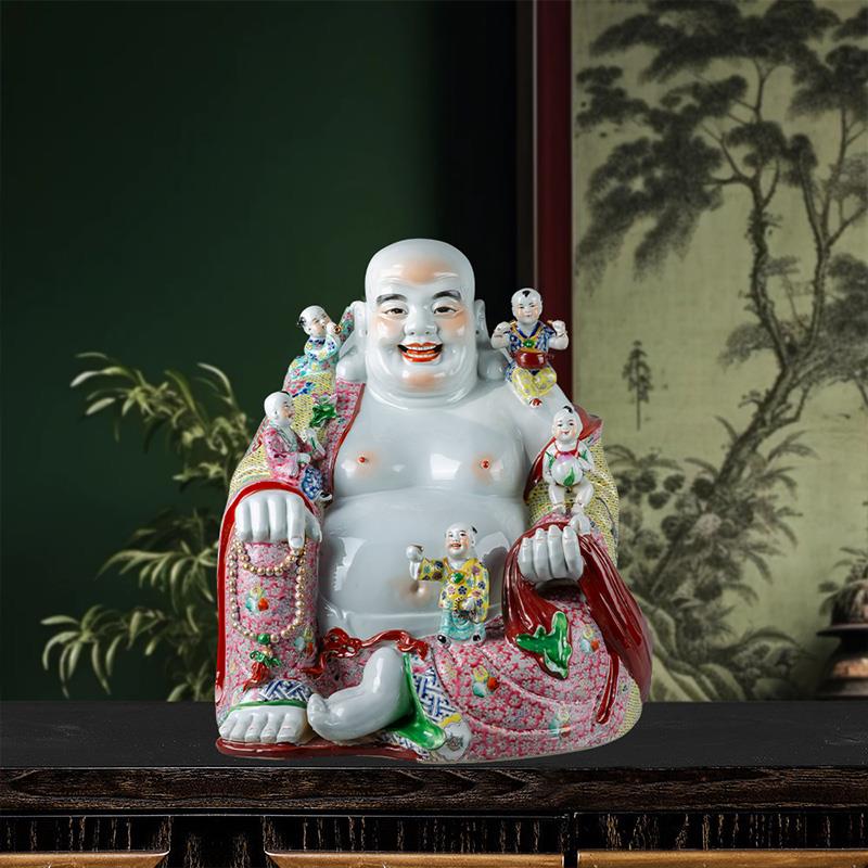 景德镇陶瓷手工雕刻绘画五子登科佛笑口弥勒佛多子佛客厅供奉摆件