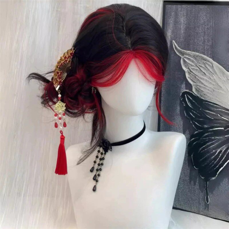 【黑红双笙】假发女黑红挑染长卷发亚裔刘海染古风cos假发全头套