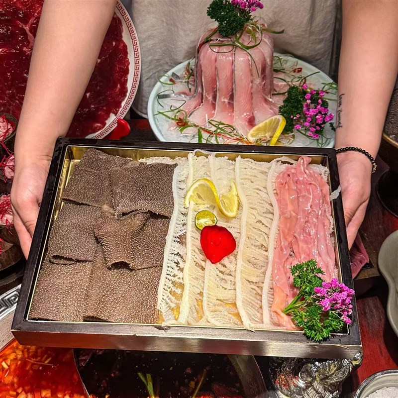 商用复古长方形冰盒创意特色火锅千层肚毛肚鸭肠三拼拼盘餐具套组