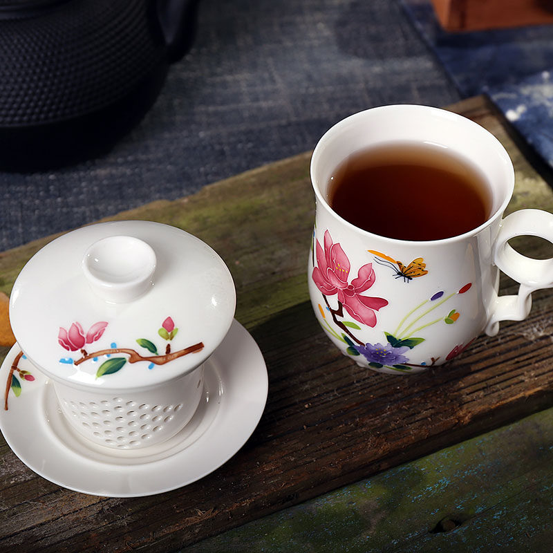 景德镇陶瓷茶杯带盖过滤水杯四件套陶瓷泡茶杯茶具办公会议个人杯