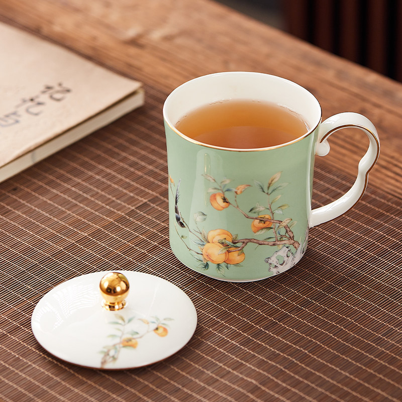 新中式办公泡茶水杯会议杯风骨瓷杯子带盖子马克杯情侣对杯礼物