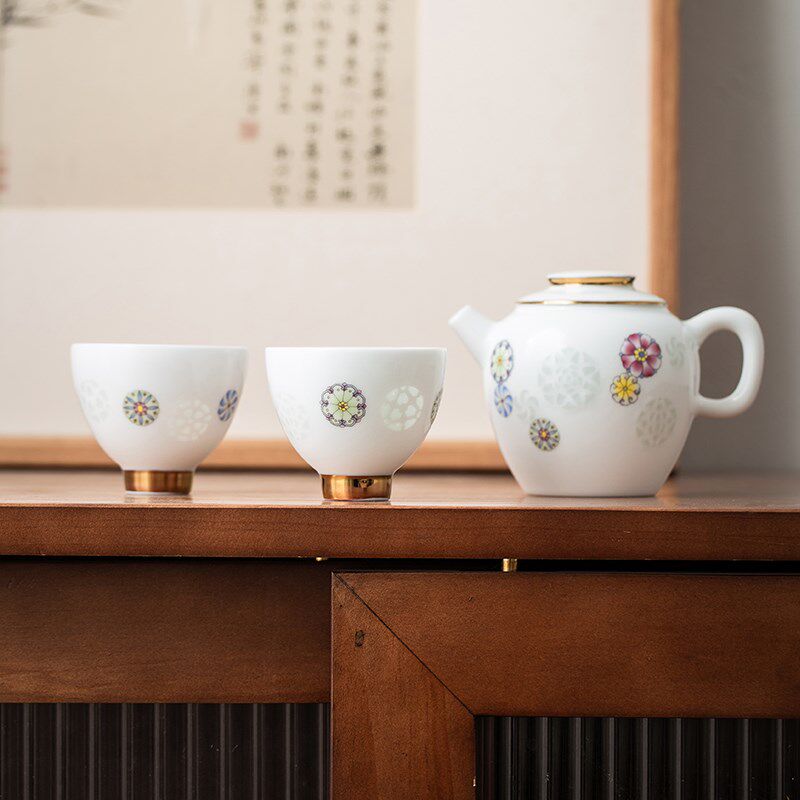 玉柏玲珑旅行一壶两杯景德镇粉彩白瓷茶具小巧精致皮球花