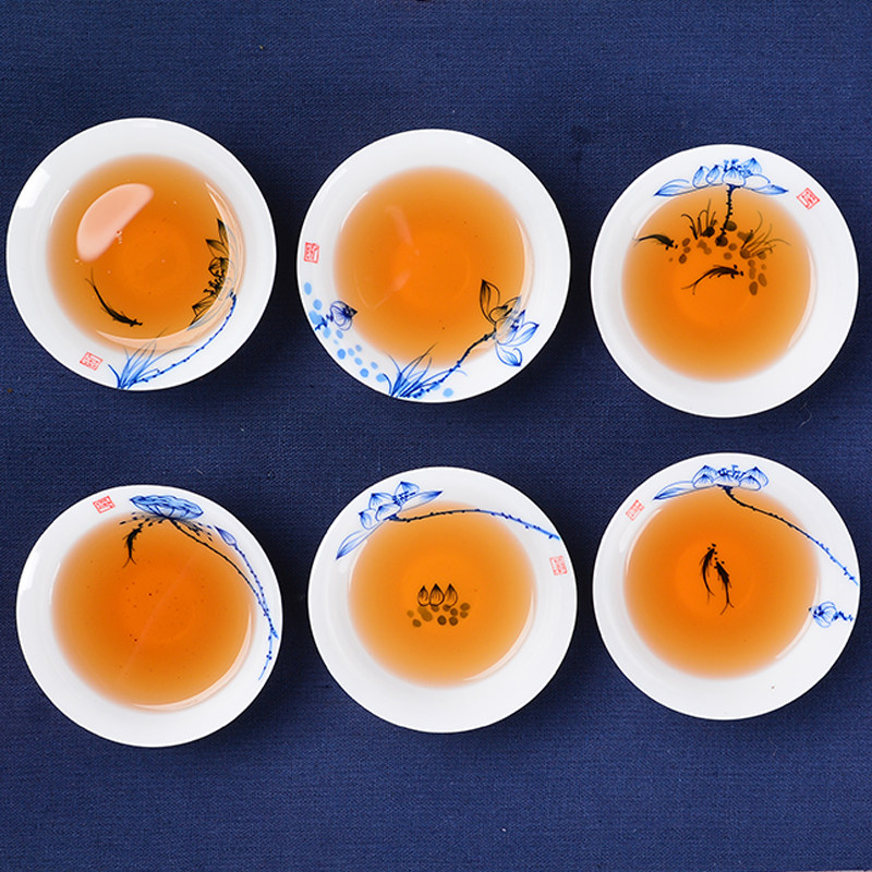 白瓷薄胎青花瓷手绘陶瓷茶杯荷花小鱼斗笠杯大号纯手绘功夫茶包邮