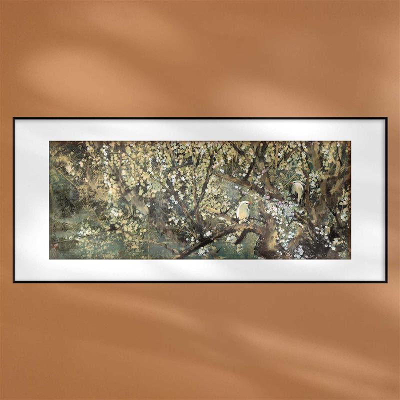 中国画百荔花鸟装饰画新中式客厅沙发背景墙挂画宣纸画芯定制画框