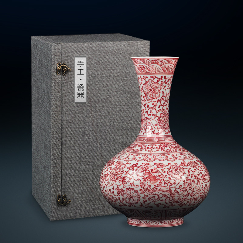 仿古大清乾隆制红色手绘釉里红中式花瓶家用水培摆件客厅电视柜