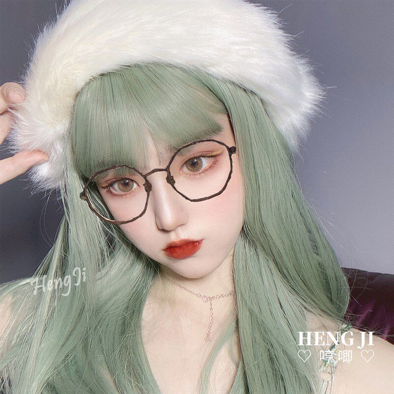 哼唧假发女长发lolita自然逼真网红少女jk修脸可爱绿色lo软妹假毛