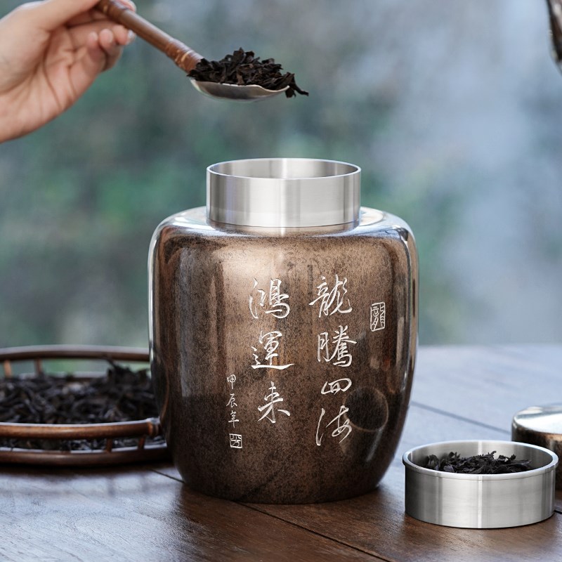 斑锡龙锡罐复古纯锡茶叶罐大号鸿运茶仓密封储茶罐个旧手工锡器