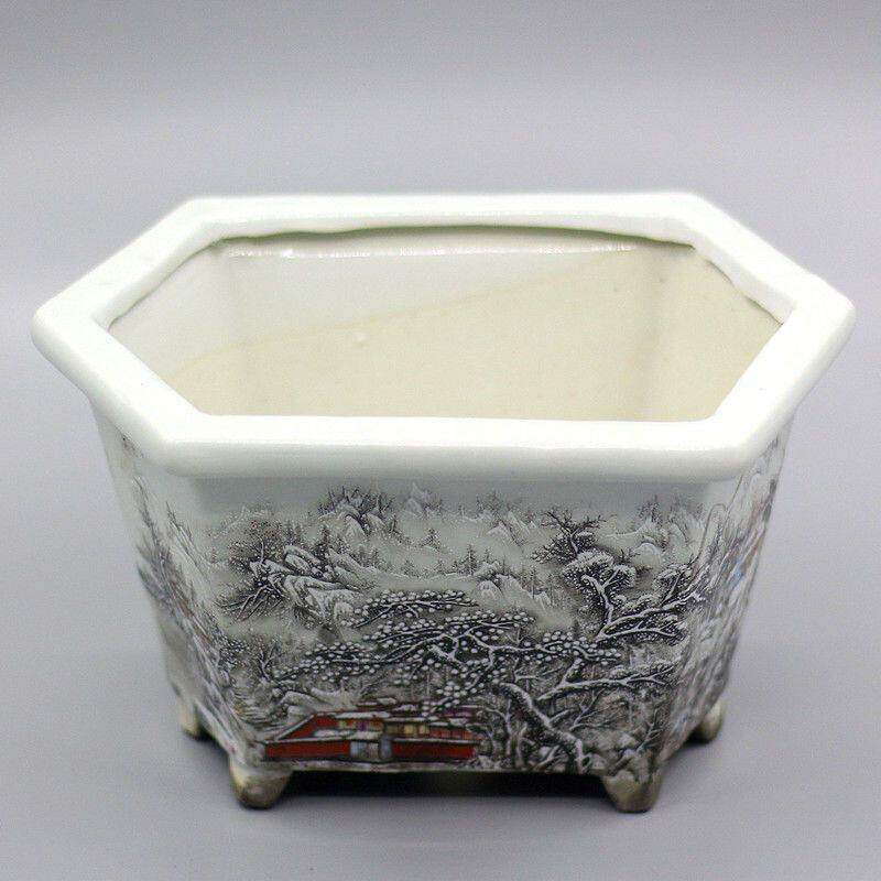 花盆旧货市场民国粉彩雪景六方仿古瓷器家居摆件盆景古董古玩收藏