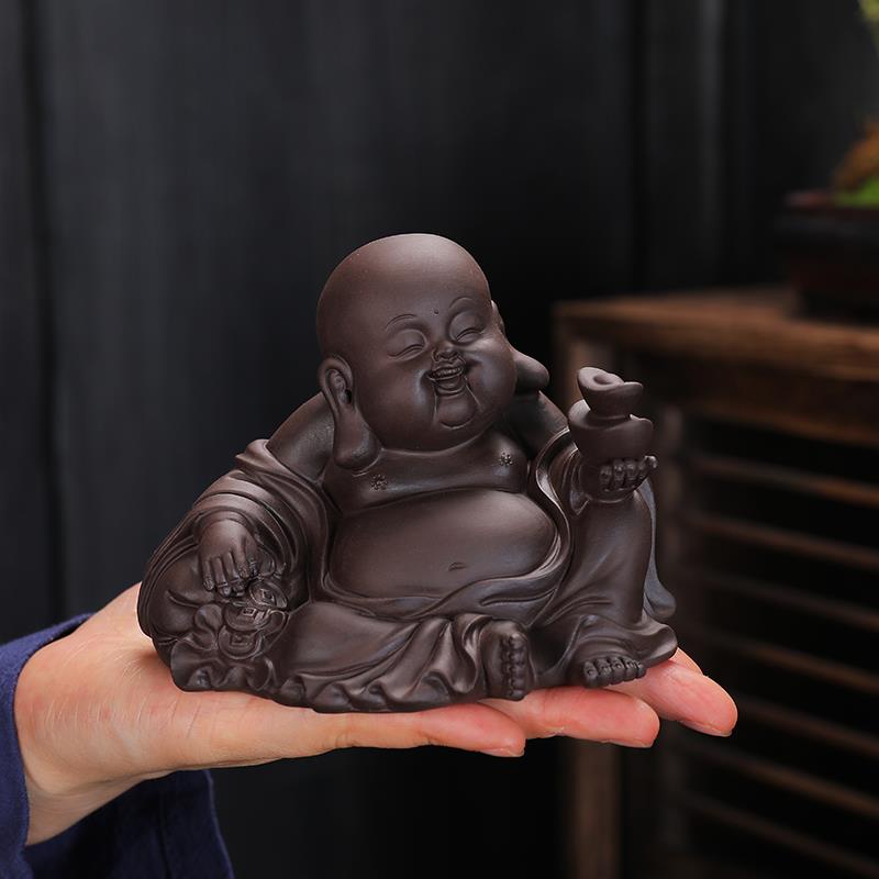 紫砂茶宠摆件精品可养大肚弥勒佛招财笑佛个性中国风茶盘车载摆件