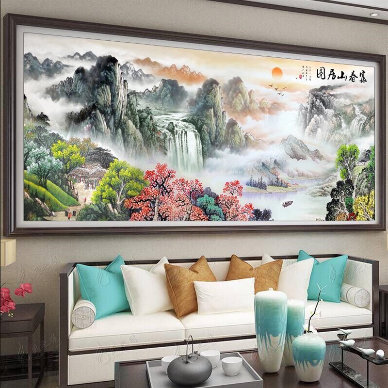 数字油画diy油彩画客厅大幅山水装饰画旭日东升聚宝盆鸿运当头