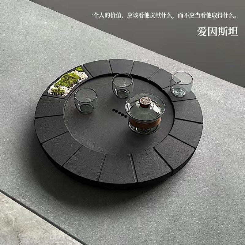 创意乌金石茶盘轻奢圆形小茶台简约天然石材托盘家用复古黑色茶托